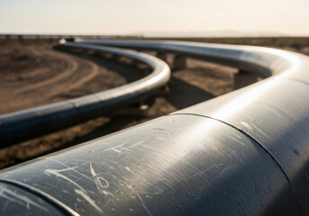 Close-up view of above ground oil pipeline curving through desert landscape