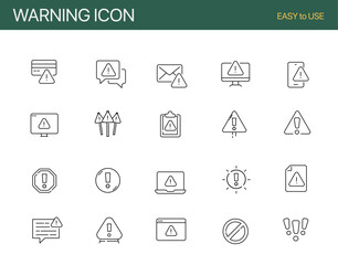 Set of warning related line icons. Alert, caution, danger, error etc. Editable stroke. 
