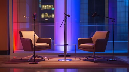 Dynamic interview space featuring two high-end chairs, a glass table, and microphone stands perfectly aligned for conversation