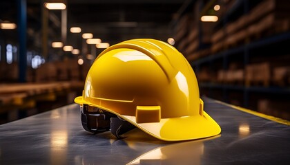 bright yellow safety helmet on a smooth surface in a warehouse during evening hours