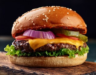 close up of delicious burger featuring juicy beef patty fresh lettuce sliced onions and melted cheese all nestled in sesame seed bun evokes mouthwatering experience