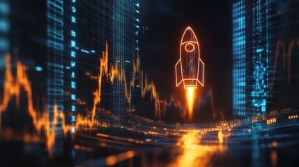 Neon rocket ascending with golden financial lines and graph elements in the background, symbolizing bullish surge