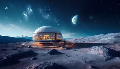 unique lunar habitat showcasing advanced technology in a starry night sky