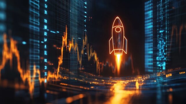 Neon rocket ascending with golden financial lines and graph elements in the background, symbolizing bullish surge - Powered by Adobe