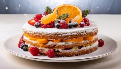 a beautifully layered fruit cake dusted with powdered sugar and topped with fresh berries and orange slices sitting elegantly on a white plate