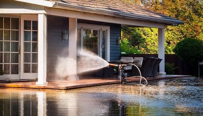 high resolution image of house exterior being pressure washed showcasing clean patio area with reflections on wet surface scene conveys sense of freshness and maintenance