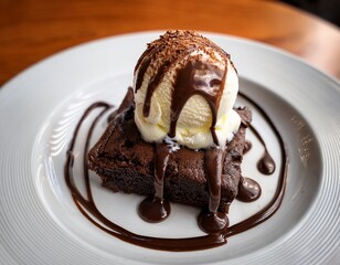 close up of delicious dessert featuring chocolate brownie topped with scoop of vanilla ice cream drizzled with rich chocolate sauce this indulgent treat is perfect for satisfying sweet cravings