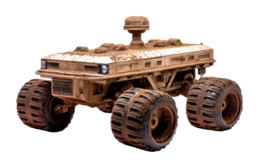 Rugged exploration rover martian surface vehicle model sci-fi environment low angle view isolated on transparent background