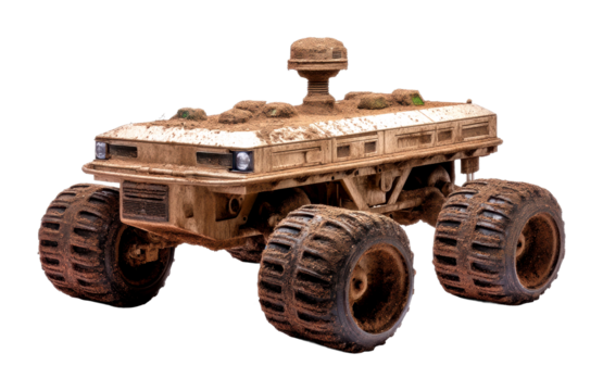 Rugged exploration rover martian surface vehicle model sci-fi environment low angle view isolated on transparent background