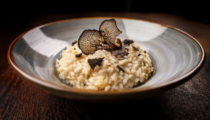 delicious creamy truffle risotto with arborio rice and black truffle shavings in a bowl gourmet dish elegant italian cuisine fine dining food photography closeup shot