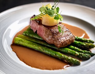 beautifully plated gourmet dish featuring tender meat topped with rich sauce and garnished with fresh herbs served alongside vibrant green asparagus this fine dining experience evokes elegance