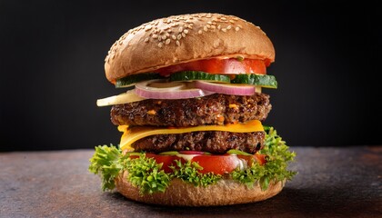 a towering burger stacked high with seasoned beef patties fresh vegetables cheese and a fluffy sesame bun filled with vibrant toppings