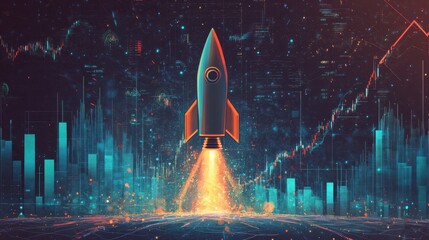 Rocket sketch soaring above stock chart lines with upward glow, high-tech representation of financial launch