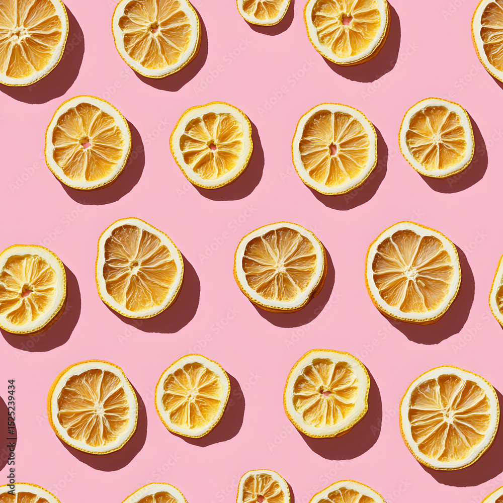 Aufkleber uniform pattern of dried lemon slices with shadow on a pink background. flat lay