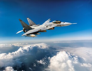 modern fighter jet soaring through the clouds at high altitude during a clear day