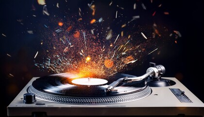 a dj s turntable explodes vinyl shards spinning off into space