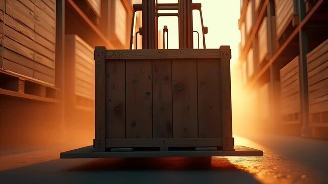 Forklift carries a wooden crate between rows of shelves in a warehouse at sunset