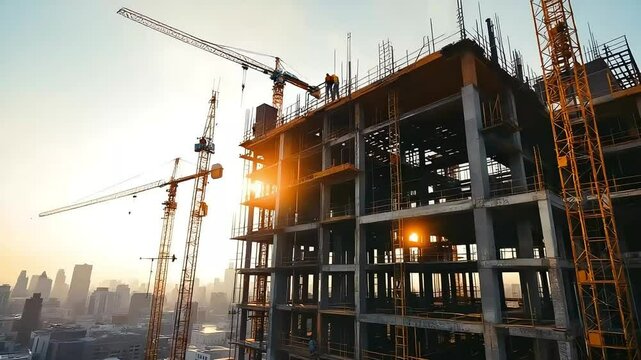 Modern highrise building under construction with cranes silhouetted against a warm sunset