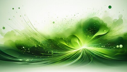a mystical blend of glowing green particles radiating light and motion forming an abstract dreamlike atmosphere on a white background