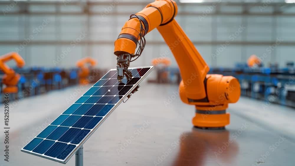 Poster automated robotic arm technology in manufacturing solar panel installation and assembly automation