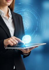 Professional female customer service agent interacting with digital interface technology