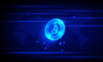 Financial chart with moving up arrow graph bitcoin cryptocurrency technology and world map in stock market on blue color background concept innovation background, vector design