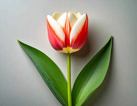 Single red and white tulip flower on grey background