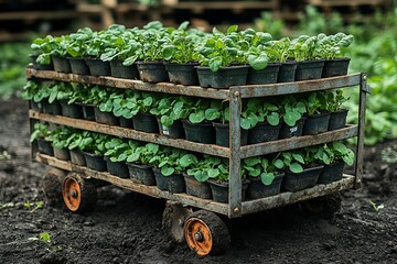 Wooden wheelbarrow holding young green crops high resolution picture