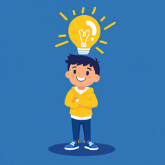 Cartoon Vector of a Smart Boy with Light Bulb Overhead Symbolizing a Great Idea