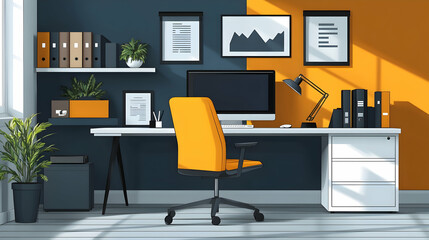 Modern office space with comfortable yellow chair desk and computer setup