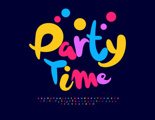 Vector Joyful card Party Time. Holiday Colorful Font. Bright Festive Alphabet Letters and Numbers set.