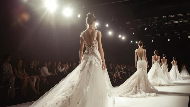 Elegant wedding gowns showcased on a fashion runway.  Models gracefully present exquisite bridal designs.  A sophisticated atmosphere