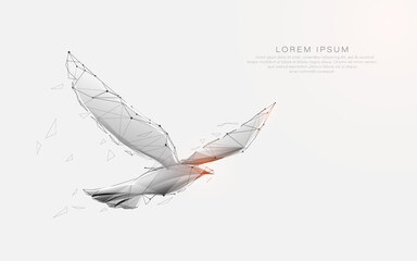 Low poly wireframe bird flying with geometric abstract particles
