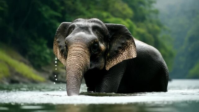 Wild elephant cooling off and having fun
