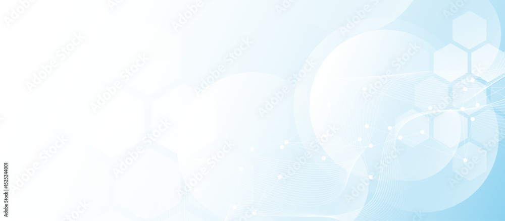 Poster Soft blue abstract background with hexagons and connected wave lines