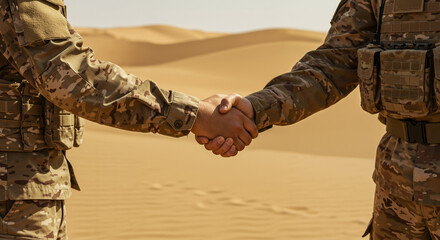 Naklejka premium Two soldiers shaking hands in desert landscape during daylight 