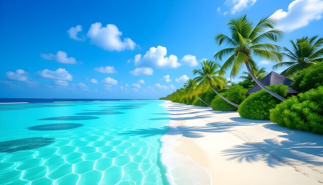 Tropical beach in the Maldives with palm trees, white sand, and calm blue waters.

