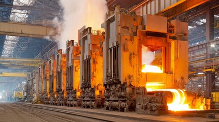 Industrial hot billet bloom during continuous casting process in steel manufacturing plant. High temperature molten metal production with glowing strand and automated rolling line in heavy industry