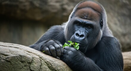 Close-up of pensive silverback gorilla eating leaves on rocky surface
