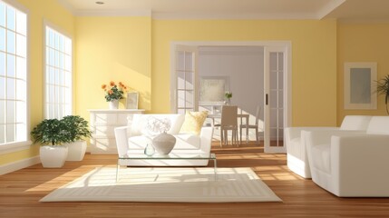 Bright Airy Living Room Interior with Yellow Accents and Modern Furniture - Natural Light and Floral Decor.