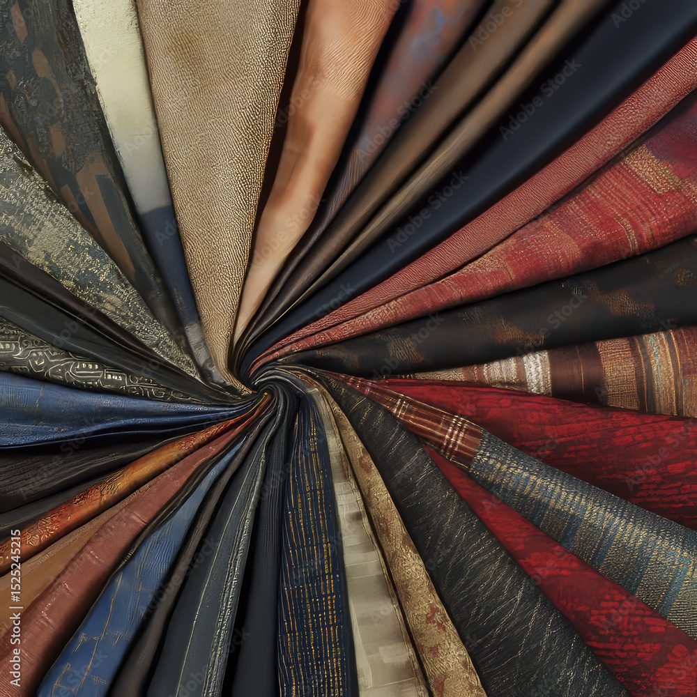 Poster various fabric textures spiral inward creating a captivating abstract pattern. rich colors and intri