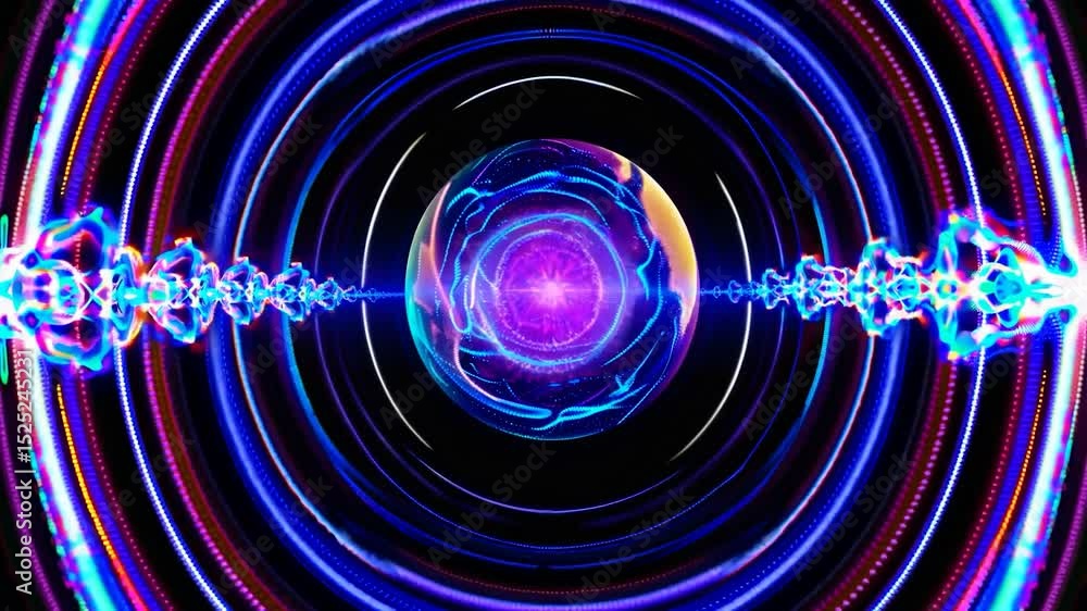 Poster pulsating energy sphere with radiating waves and concentric circles