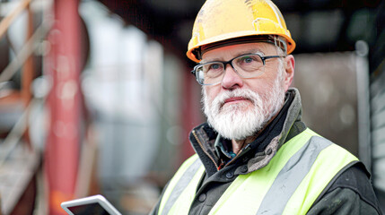 Senior construction worker wearing a yellow hard hat and safety vest, holding a tablet at an industrial site.
