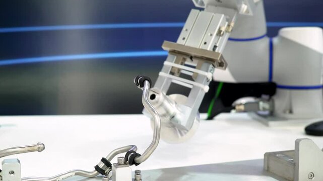 Modern robotic arm tightens nuts on bent metal pipe at an advanced manufacturing exhibition. Modern manufacturing improves efficiency, ensures precision, and drives intelligent manufacturing.