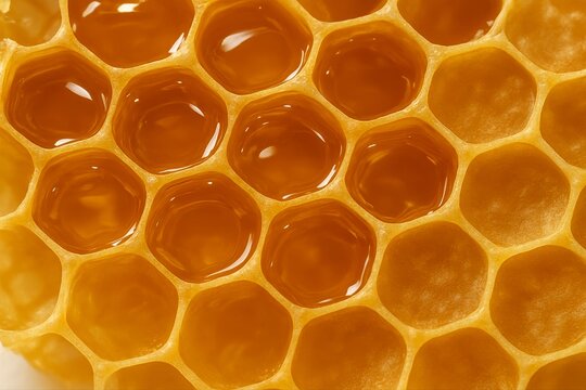 A close up of a honeycomb filled with golden honey in a macro shot