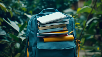 Back to school essentials: A backpack brimming with academic resources outdoors