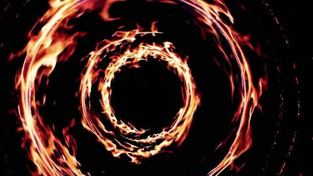 Burning ring of fire spinning on black background