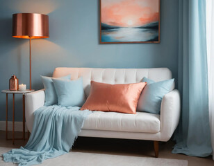 Elegant living room with a white couch, pillows, and copper accents