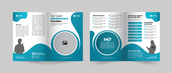 Medical healthcare service bifold brochure design or hospital clinic promotion brochure template, Multipurpose template with cover, back, and inside pages layout