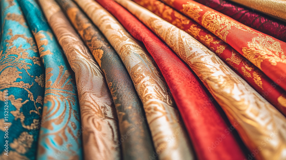 Poster rows of luxurious fabrics showcase vibrant colors and intricate golden patterns. rich textiles provi